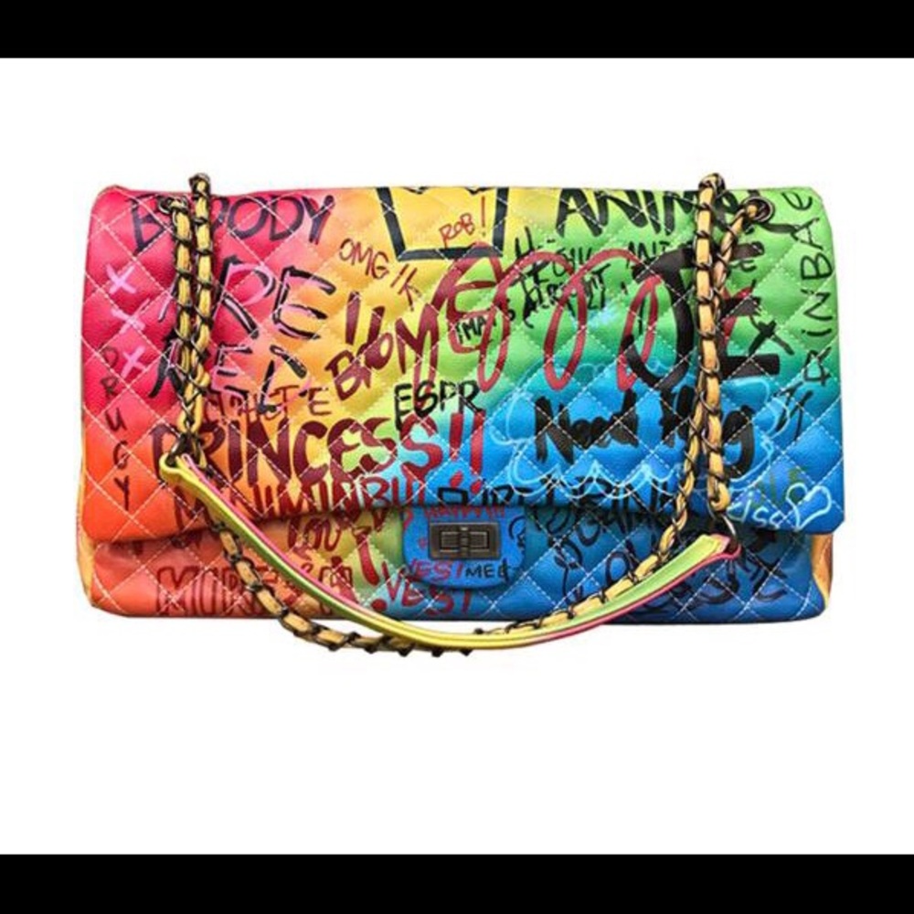 Faux Leather Graffiti Printed Shoulder Big Large